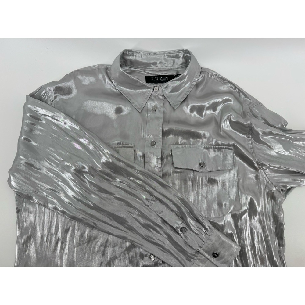 Lauren Ralph Lauren Women's‎ Grayish Silver Metallic Button Up Shirt Size Small. - Picture 8 of 8